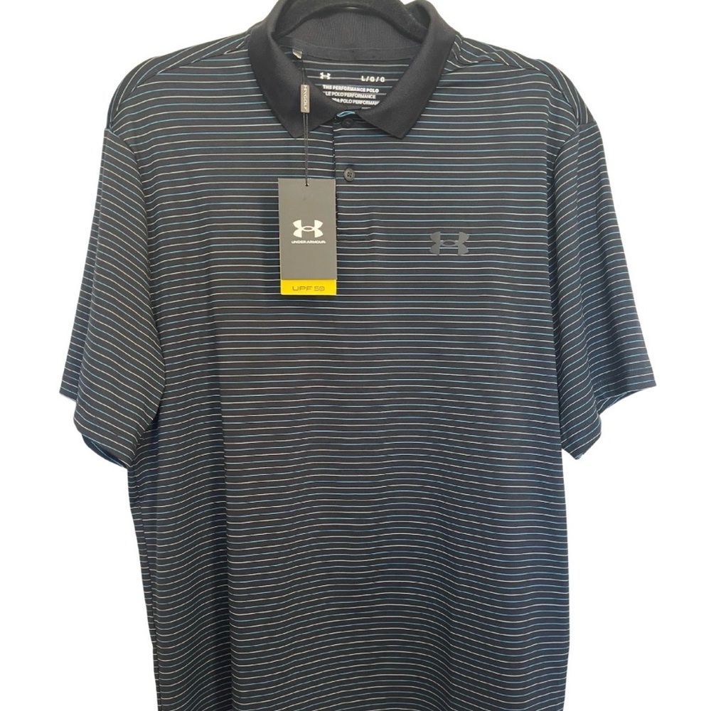 Under Armour Playoff Polo Core Stripe Black Blue White NWT Mens Large